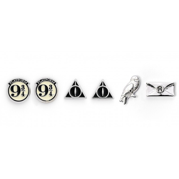 Harry Potter Silver Plated Earrings Set Platform 9 ¾, Hedwig Owl & Deathly Hallows - EWE0107