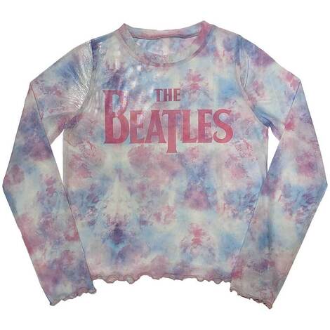 The Beatles Ladies Long Sleeve Crop Top: Drop T Logo (White) (Mesh) - BEATMCT607LW