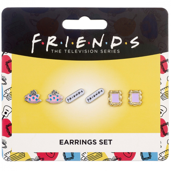 Friends Set of 3 Silver Plated Earring Studs; Frame, Coffee Cup, & Friends Logo - EFTE0014