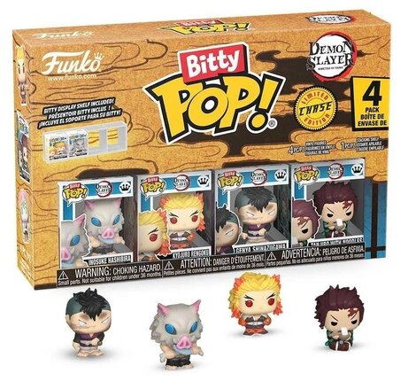 Funko Bitty POP! Demon Slayer: Kimetsu no Yaiba - Kyojuro Rengoku, Genya Shinazugawa, Inosuke Hashibira & Chase Mystery 4-Pack Figures