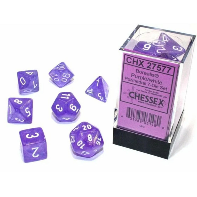 Chessex Borealis Polyhedral Purple/white Luminary 7-Die Set - CSX27577
