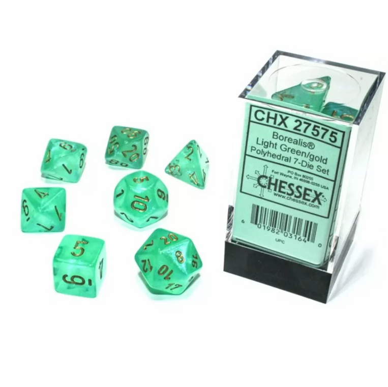 Chessex Borealis Light Green/gold Luminary Polyhedral 7-Dice Set - CSX27575